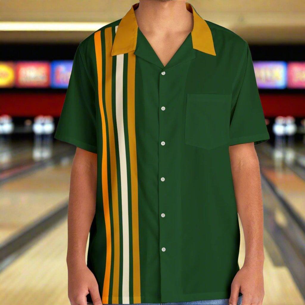 Green and Gold with Retro Stripes Bowling Style - Retro Button Up Shirt