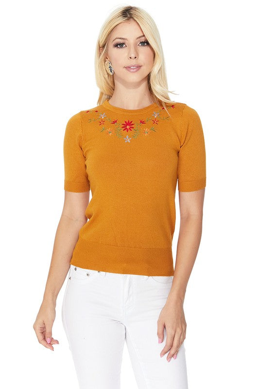 Daisy Flower Embroidered Knit Pullover Sweater