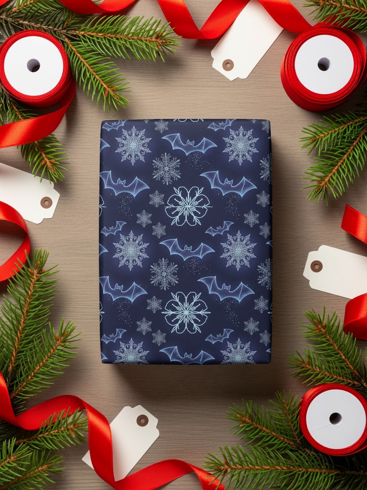 Festive Holiday Blue Snowflakes and Bats Wrapping Paper