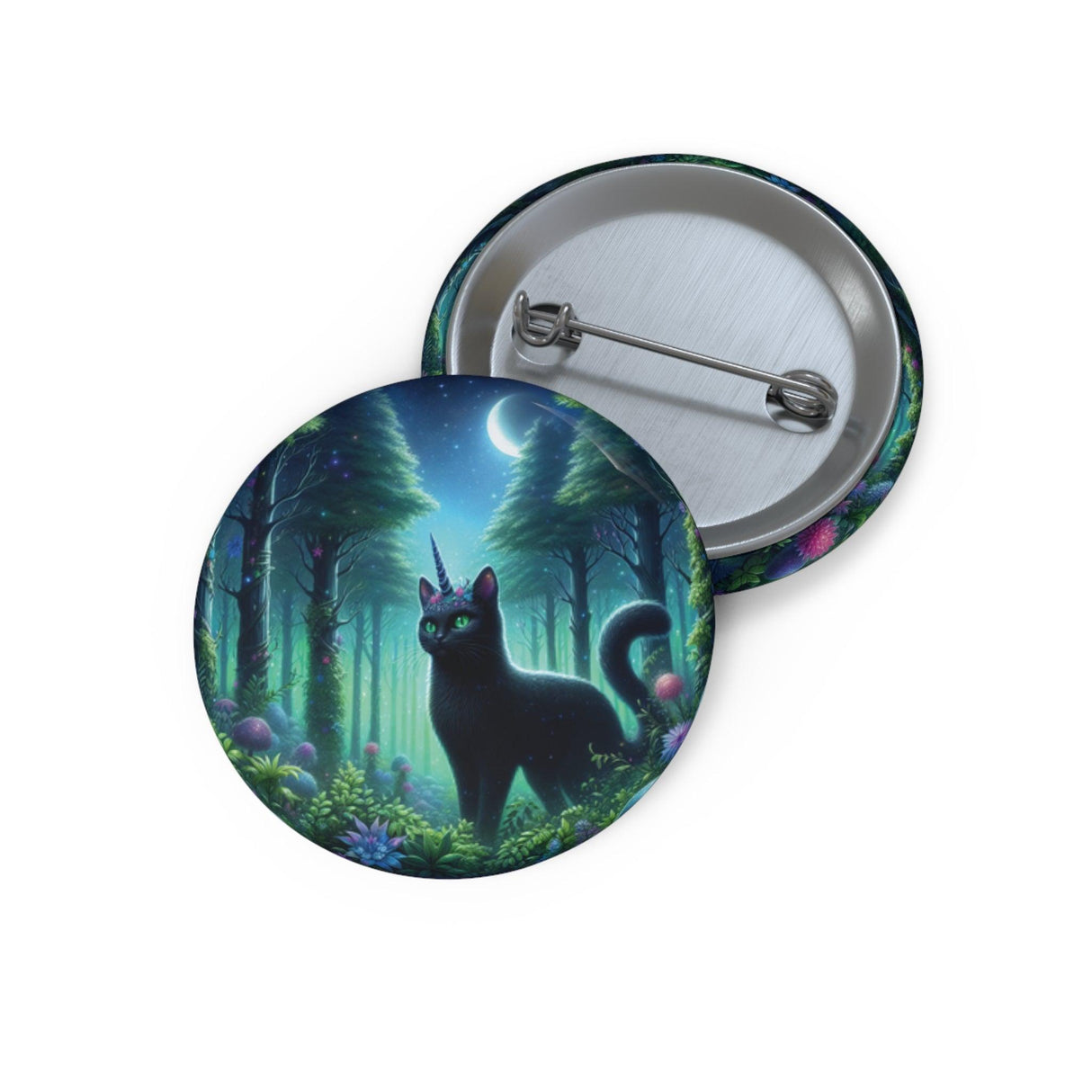 Majestic Forest Black Kitty Unicorn Pin Button