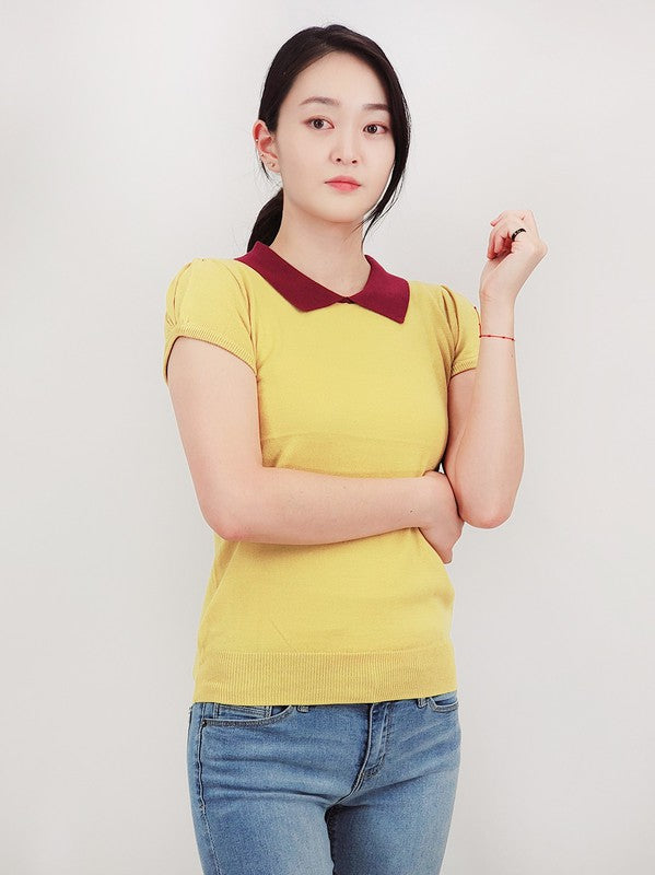 Cute Contrast Collar Pleated Cap Sleeve Knit Top