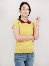 Cute Contrast Collar Pleated Cap Sleeve Knit Top