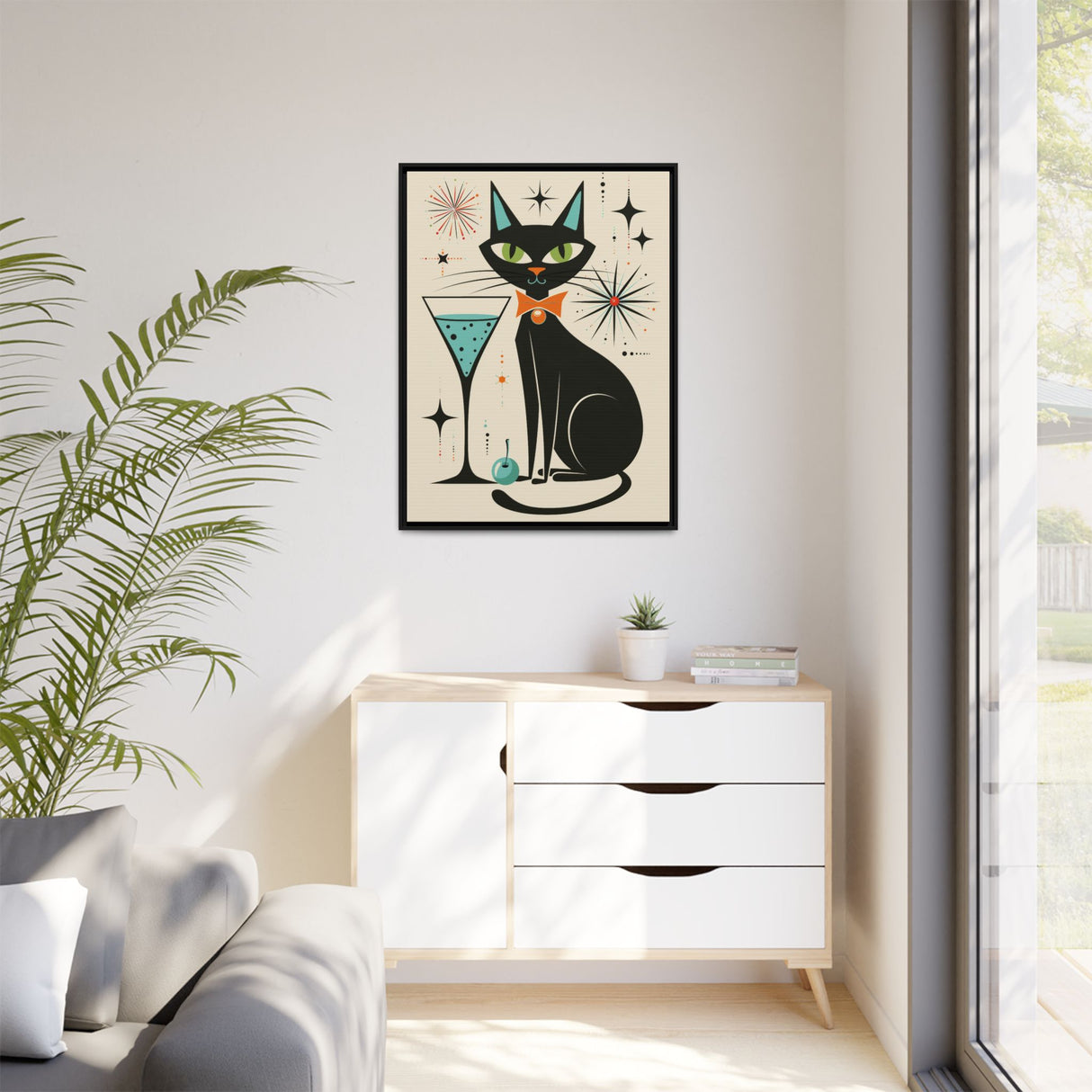 Black Cat Martini Framed Canvas