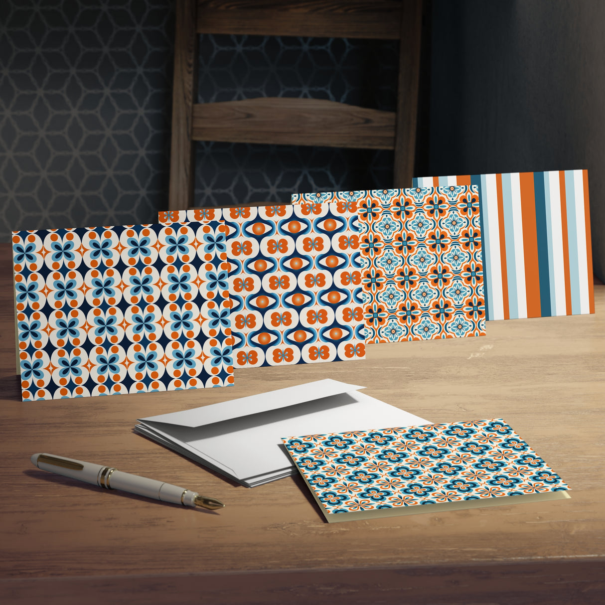 Retro MCM Orange Blue Motif Greeting Cards Stationery Set 5-Pack