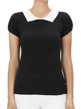 Cute Contrast Collar Pleated Cap Sleeve Knit Top