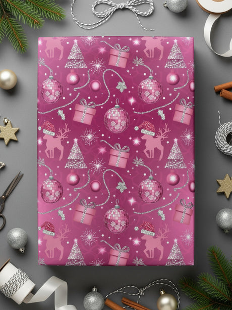 Holiday Inspired Gift Wrap with Reindeer and Ornaments