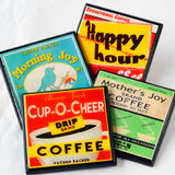 Not Without My Coffee!  Vintage Coffee Label Coaster Set