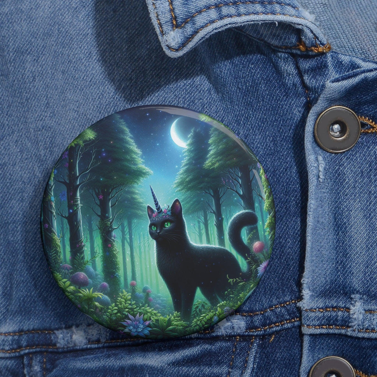 Majestic Forest Black Kitty Unicorn Pin Button