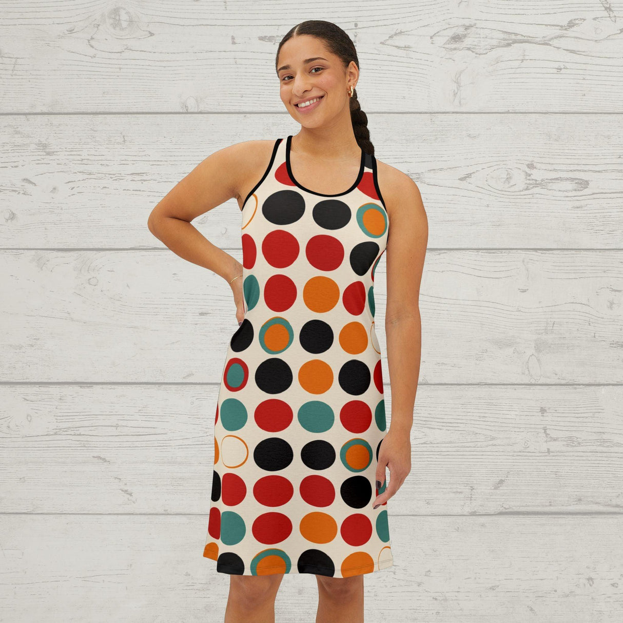 60s Pop Art Inspired Women's Racerback Dress: Bold Geometric Circle Pattern in Vibrant Retro Colors