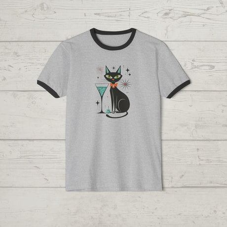 Mid Century Modern Atomic Cat Lovers 1950s Martini - Ringer Retro T-Shirt