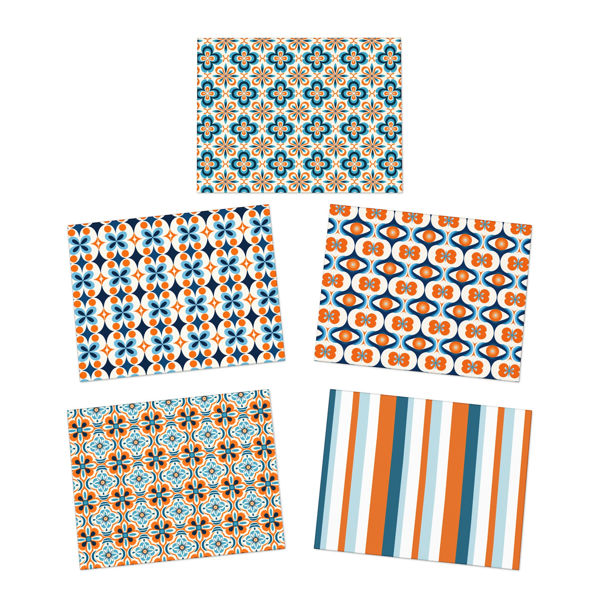 Retro MCM Orange Blue Motif Greeting Cards Stationery Set 5-Pack