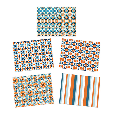 Retro MCM Orange Blue Motif Greeting Cards Stationery Set 5-Pack