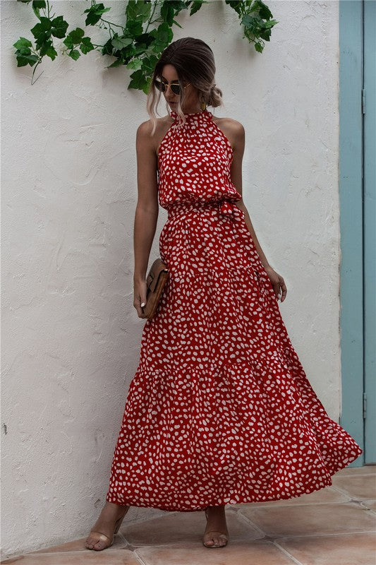 Women's Polka Dot Halter Maxi Dress