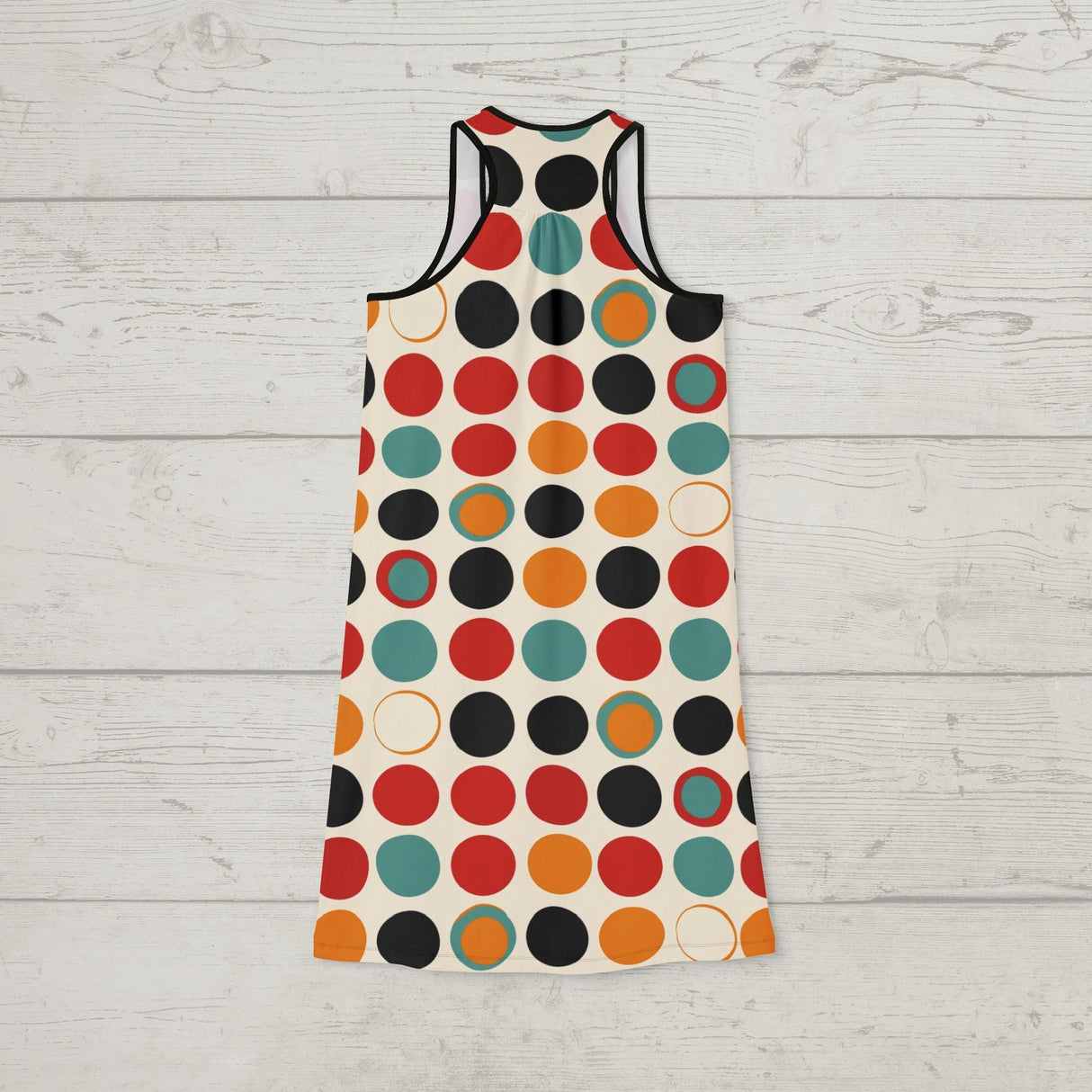 60s Pop Art Inspired Women's Racerback Dress: Bold Geometric Circle Pattern in Vibrant Retro Colors