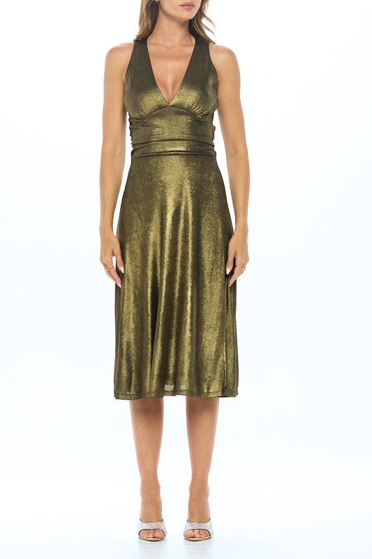 Metallic Solid Deep V Neck Lined Dress