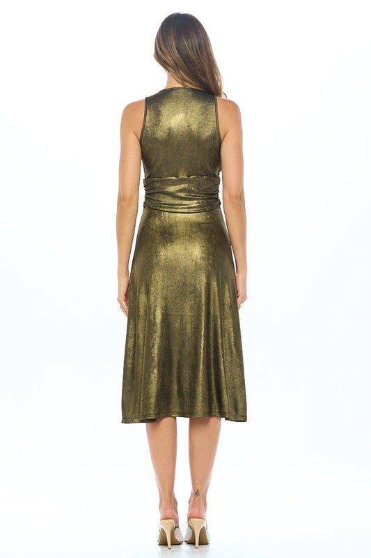 Metallic Solid Deep V Neck Lined Dress