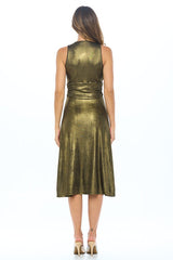 Metallic Solid Deep V Neck Lined Dress