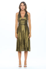 Metallic Solid Deep V Neck Lined Dress