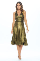 Metallic Solid Deep V Neck Lined Dress