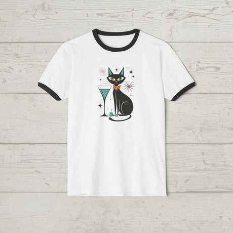 Mid Century Modern Atomic Cat Lovers 1950s Martini - Ringer Retro T-Shirt