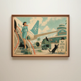 Retro illustration of a flight attendant with black cats at an airport labeled "Meow International."