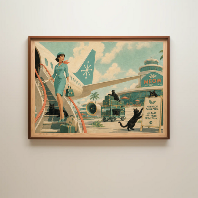 Retro illustration of a flight attendant with black cats at an airport labeled "Meow International."