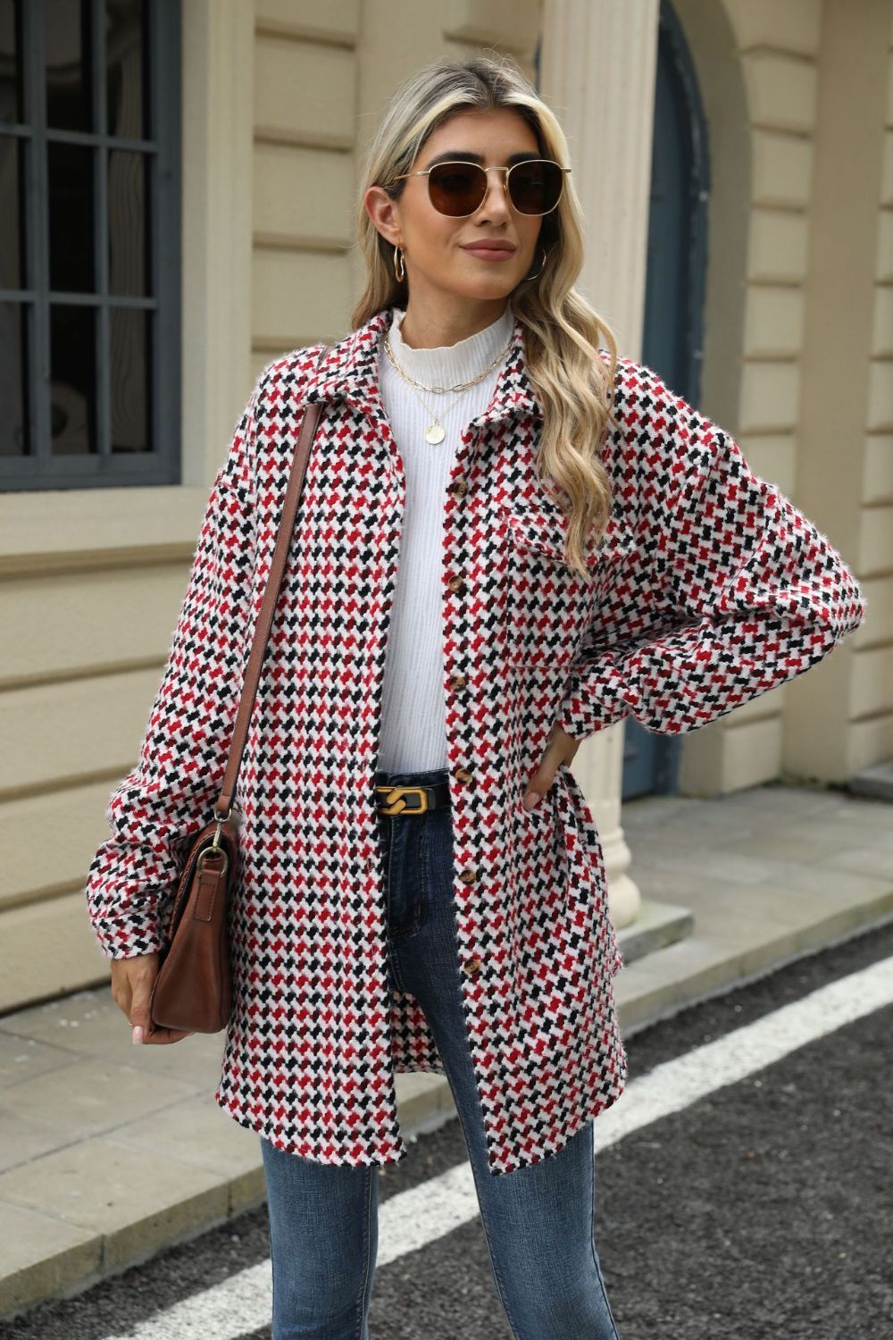 60s Mod Houndstooth Button Up Dropped Shoulder Coat