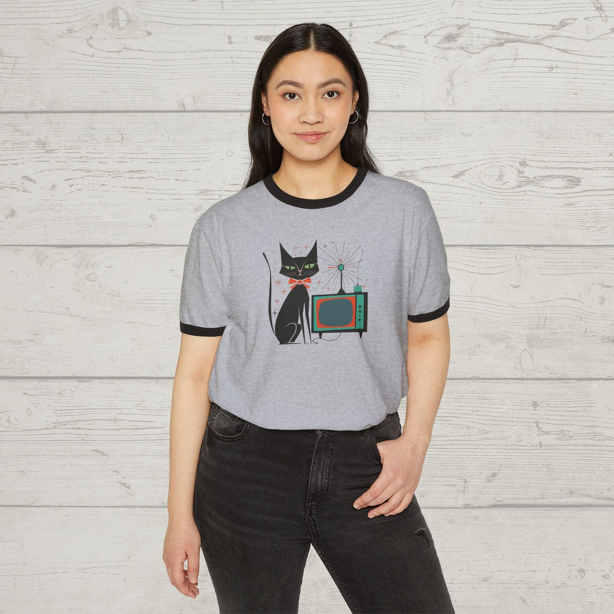 Mid Century Modern Atomic Cat Lovers 1950s TV - Ringer Retro T-Shirt