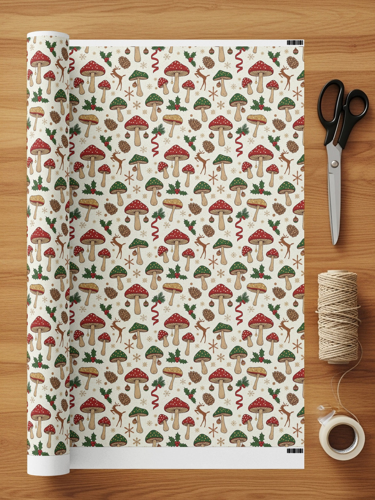 Festive forest mushrooms and pine wrapping paper