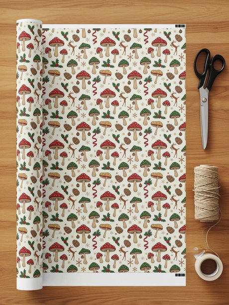Festive forest mushrooms and pine wrapping paper