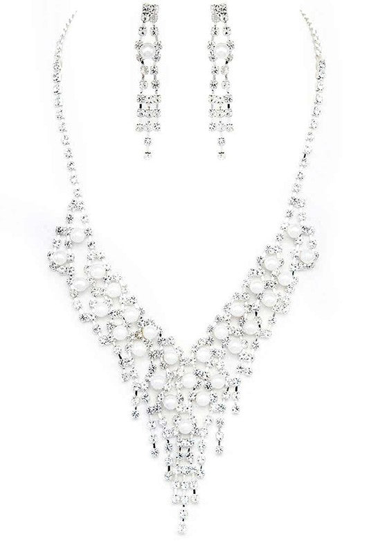 Pearl Accent Rhinestone Bridal Necklace Set