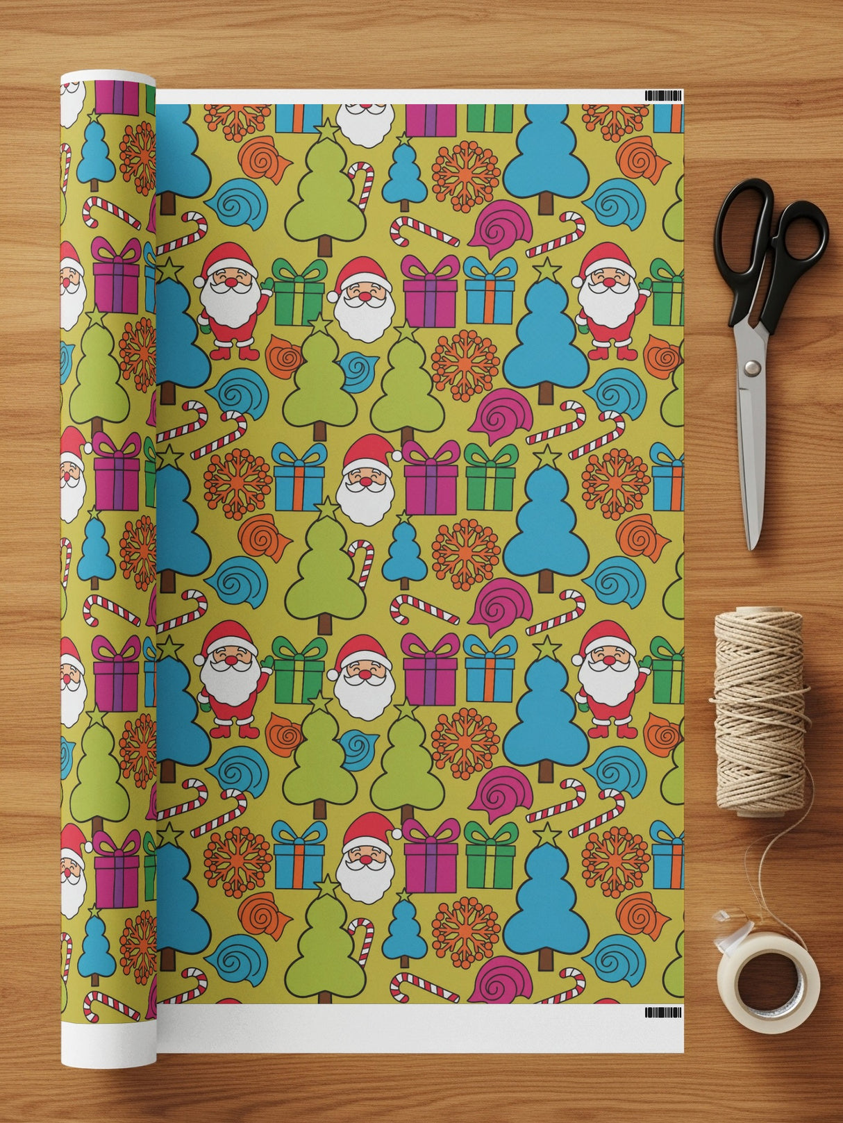 Colorful Santa and Presents Gift Wrapping Paper Sheet