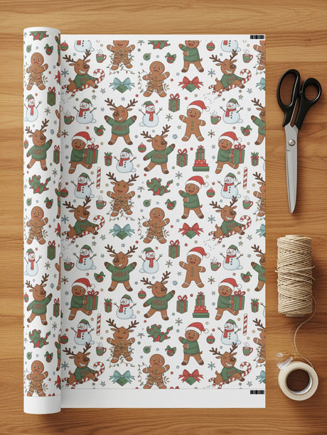 Festive Christmas Gingerbread and Snowman Wrapping Paper