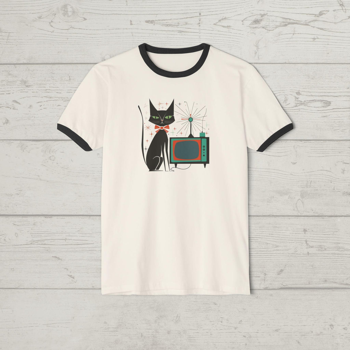 Mid Century Modern Atomic Cat Lovers 1950s TV - Ringer Retro T-Shirt