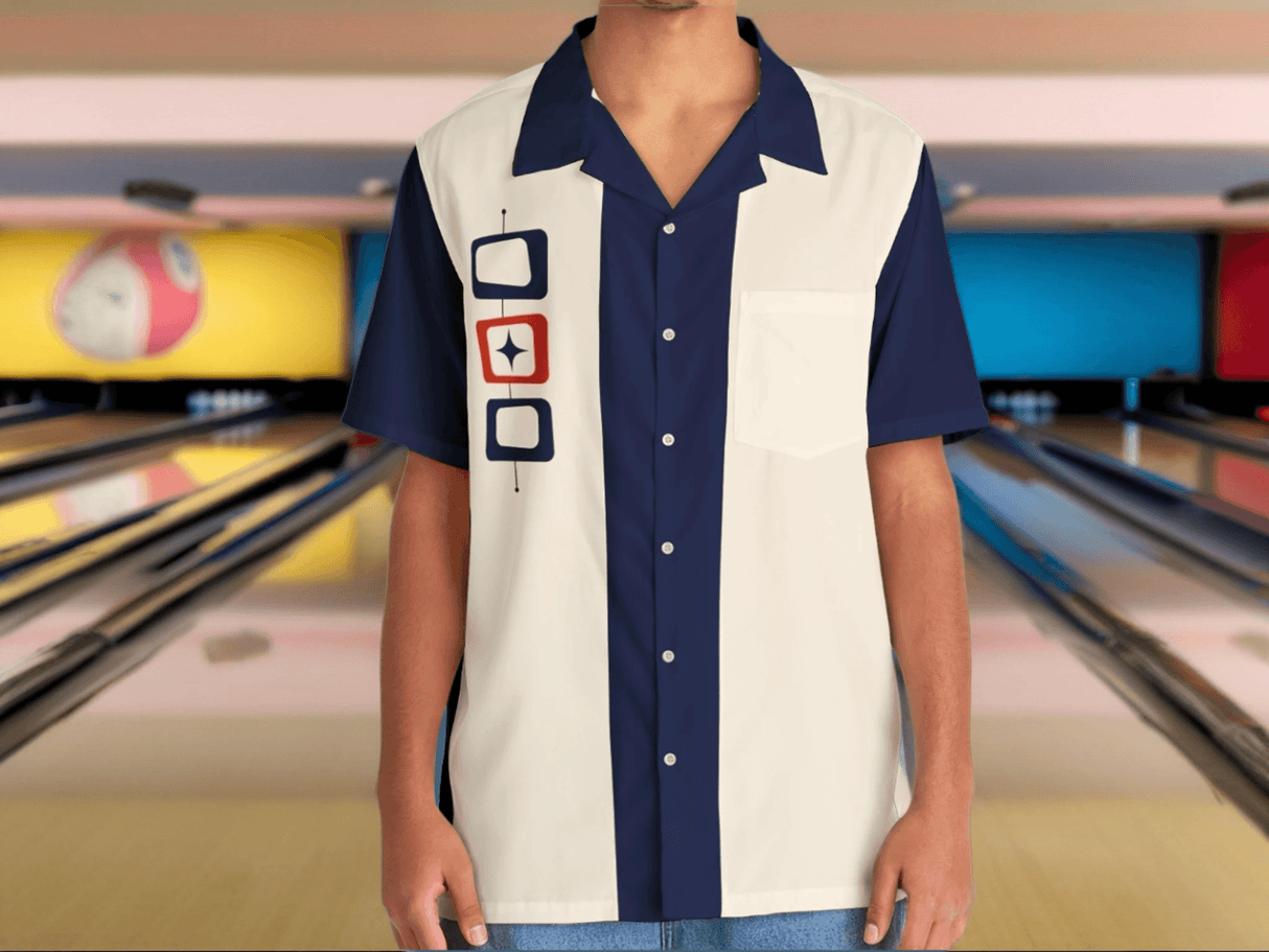 I'm Not Square in Blue and White Atomic Bowling Style - Retro Button Up Shirt