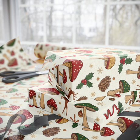 Festive Mushroom and Holly Wrapping Paper for Holidays