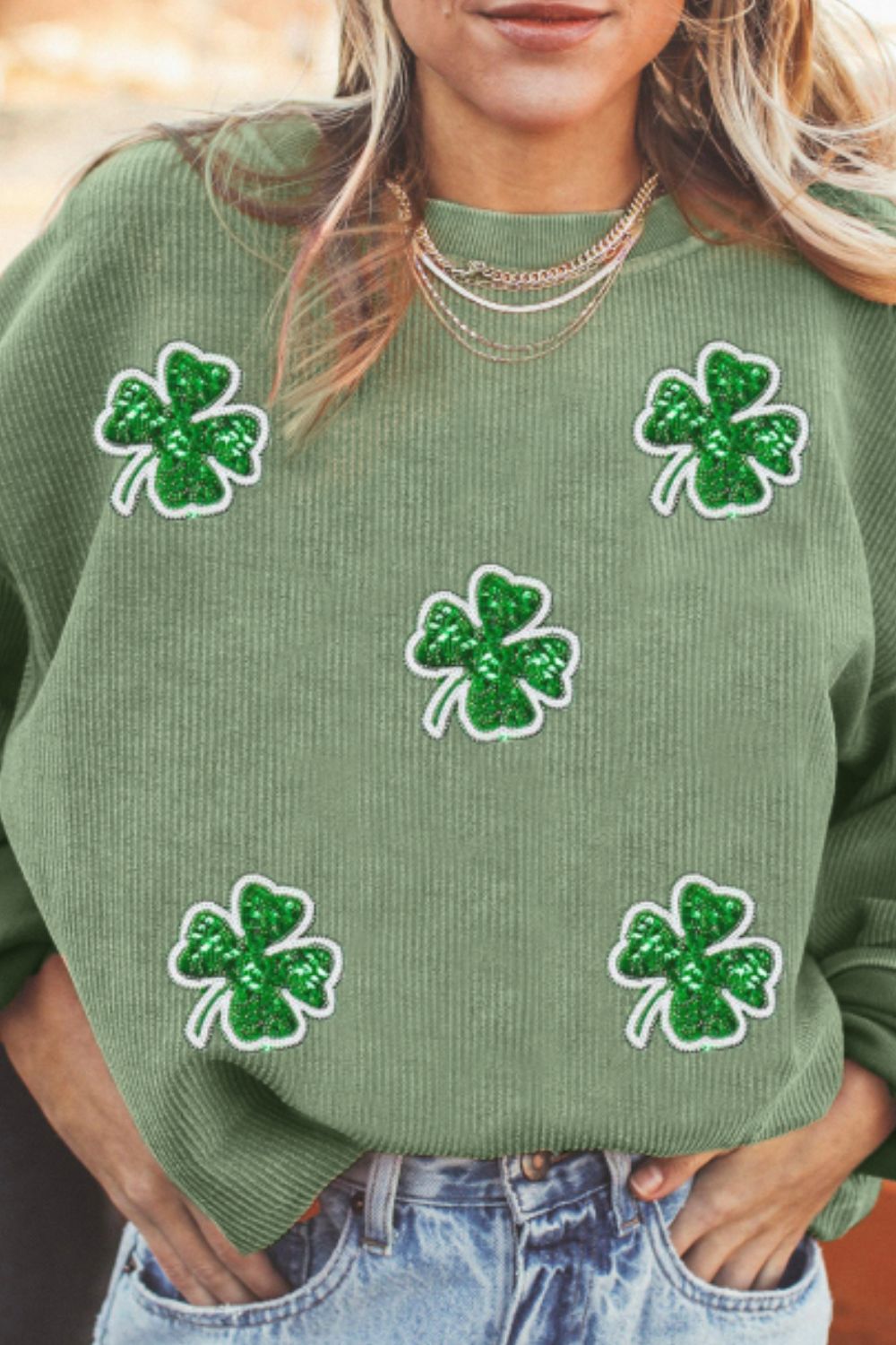 Sequin Lucky Clover Round Neck Long Sleeve Women's Sweatshirt