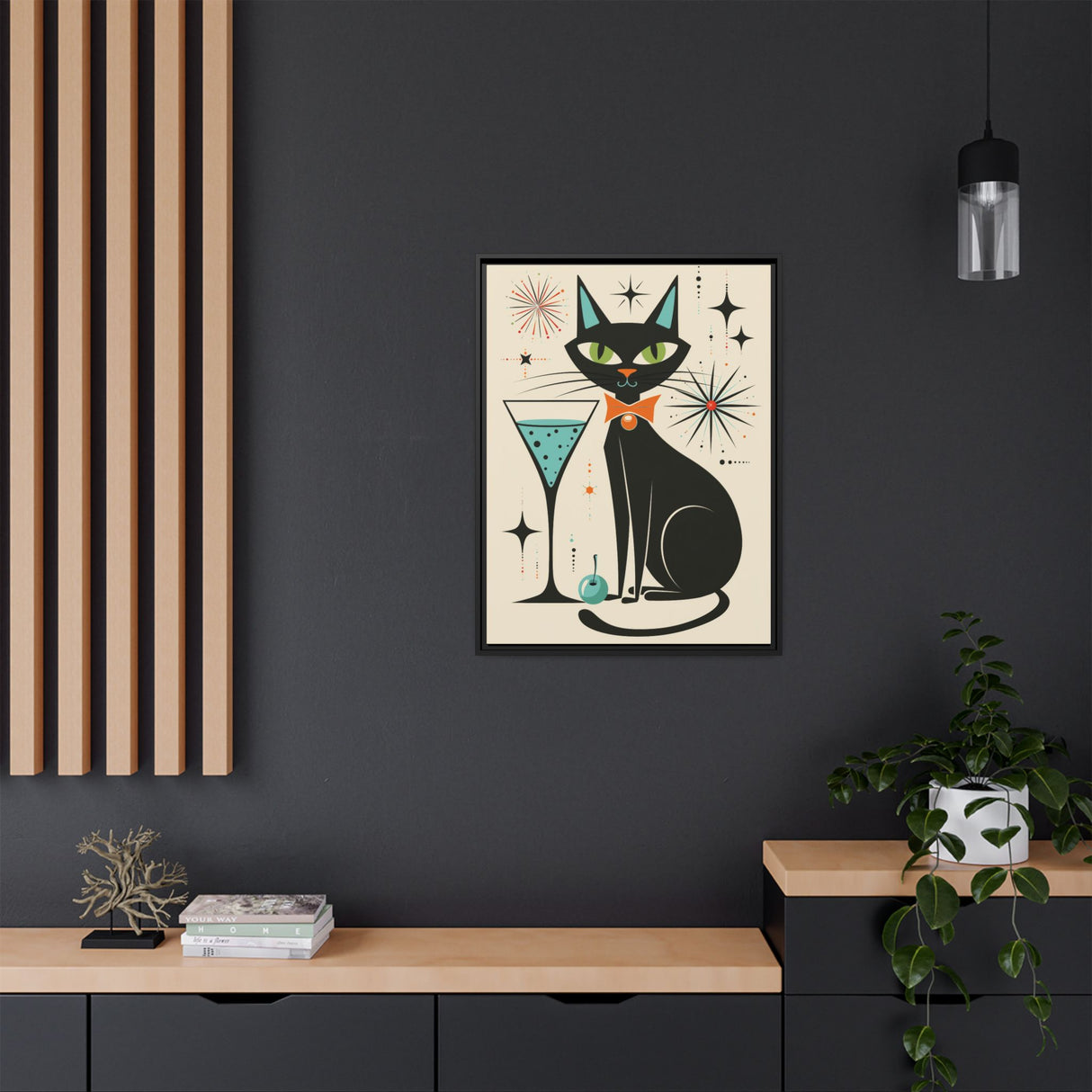 Black Cat Martini Framed Canvas