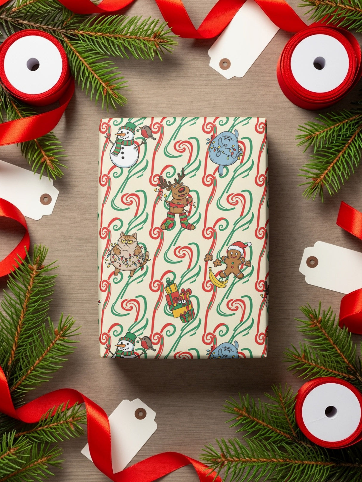 Festive Christmas Candy Cane and Characters Wrapping Paper