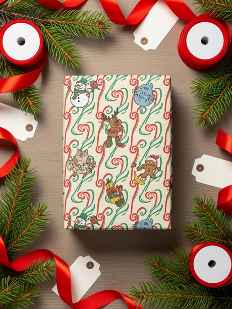 Festive Christmas Candy Cane and Characters Wrapping Paper
