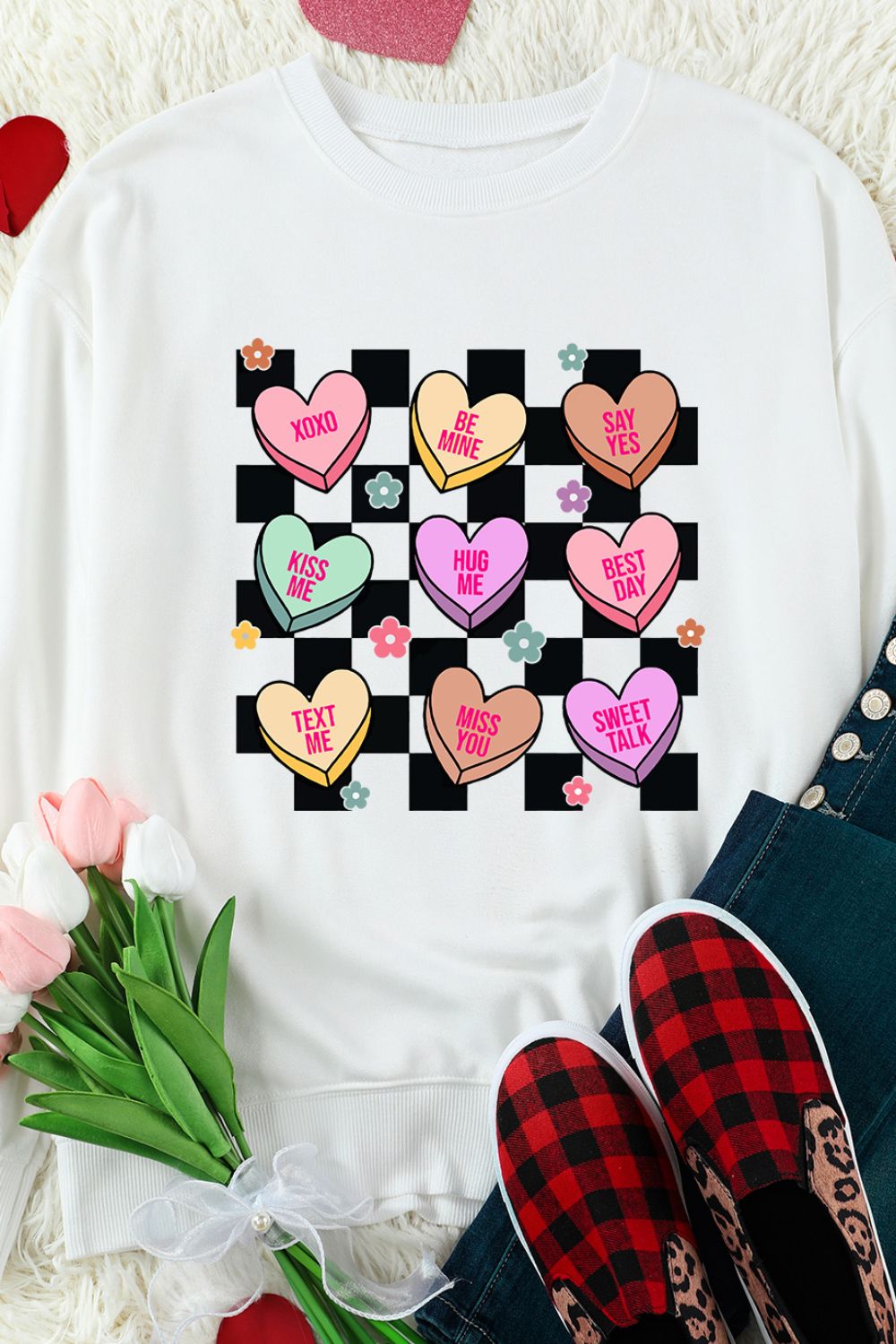 Valentine's Day Checkered Heart Long Sleeve Women's Sweatshirt