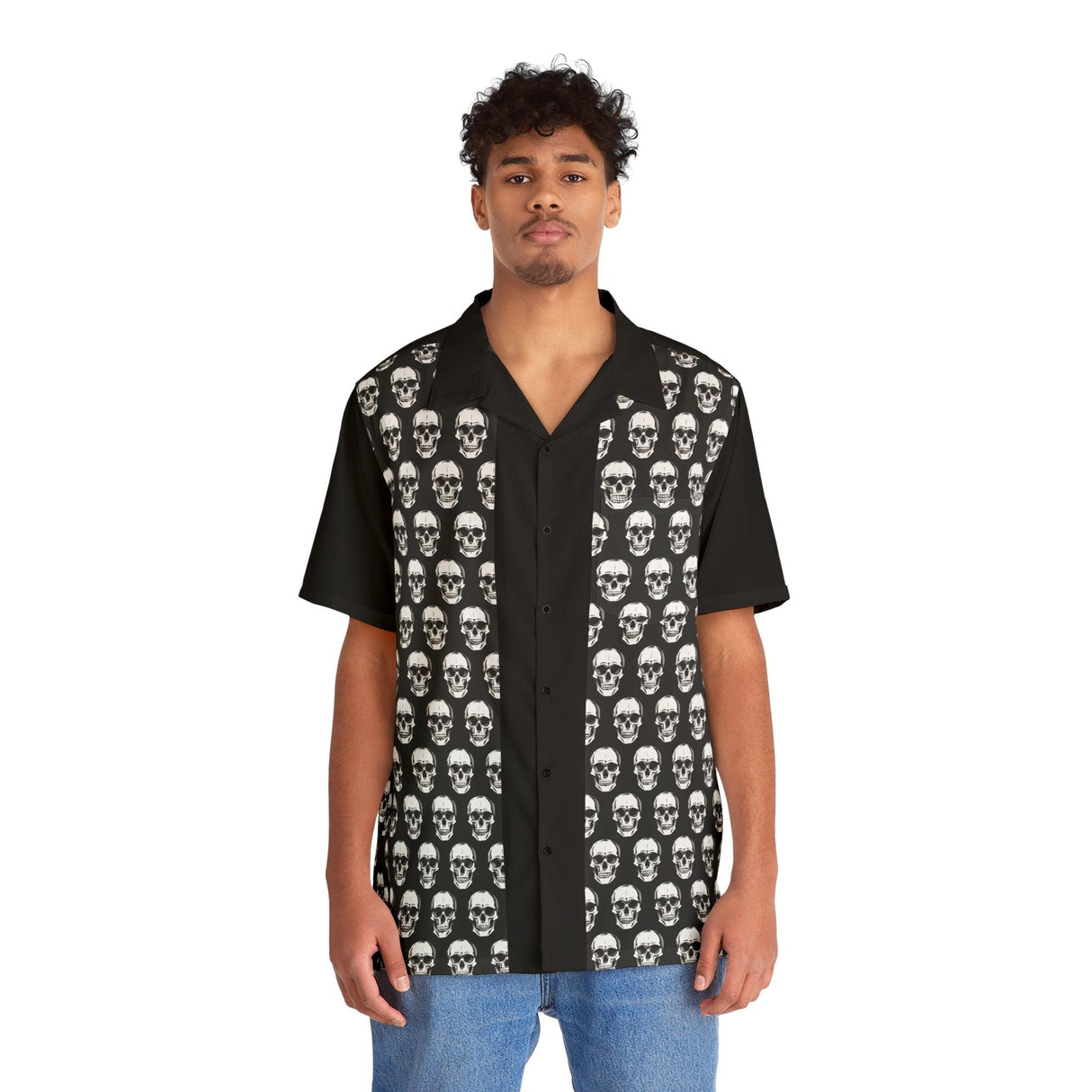 Black Skulls All Over -Bowling Style - Retro Button Up Shirt