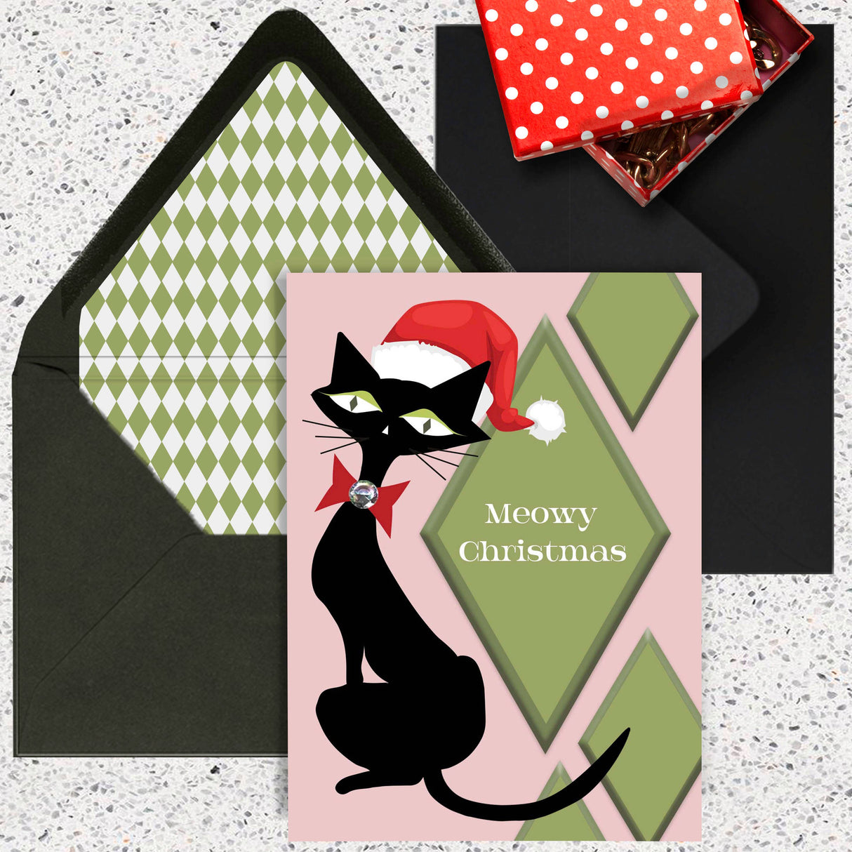 Meowy Christmas Retro Black Cat Greeting Card