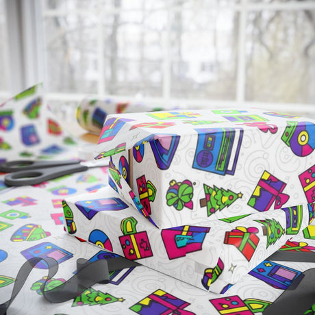 Festive Gift Wrap with Colorful Holiday Illustrations