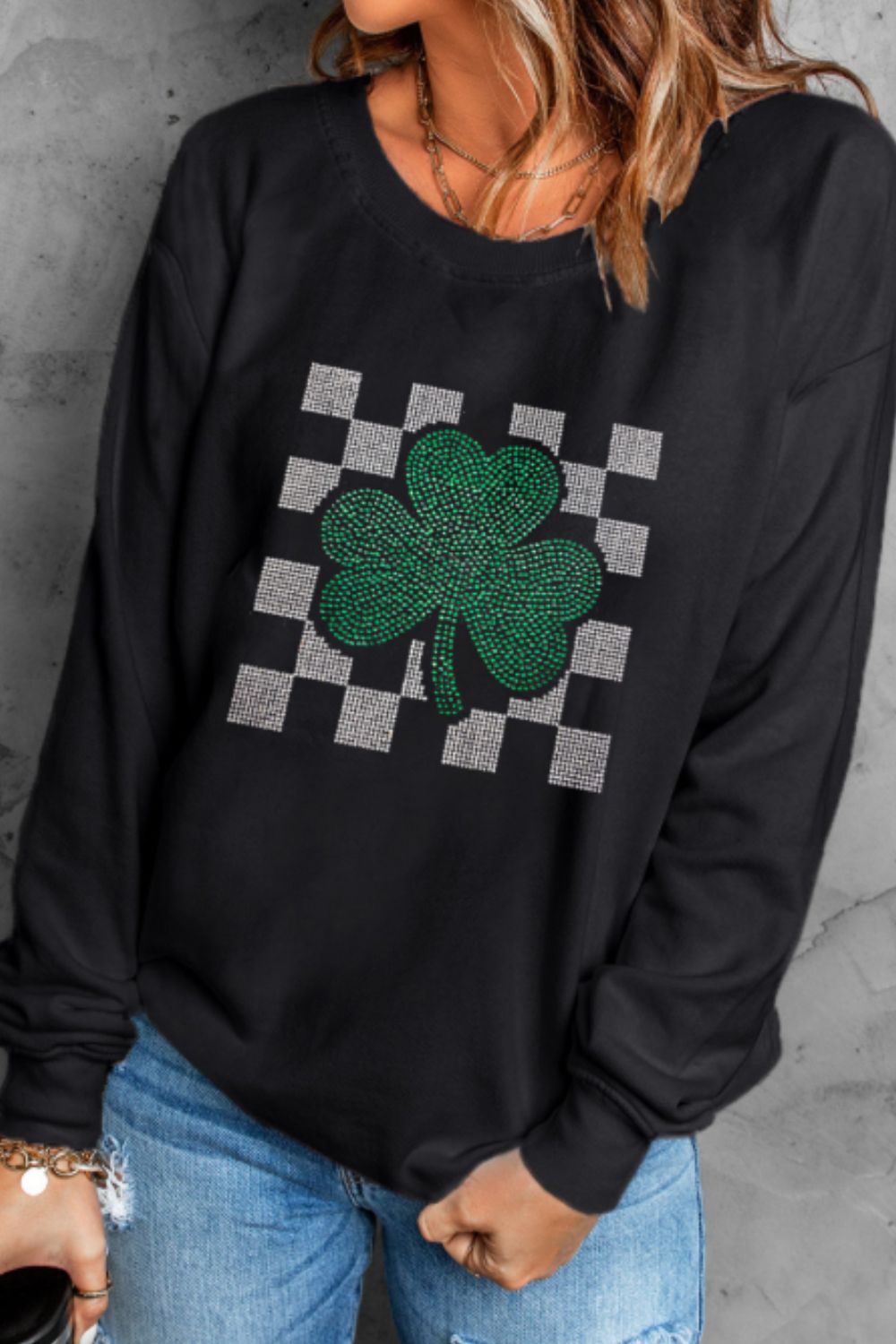 Rhinestone Checkered Lucky Clover Women's Sweatshirt