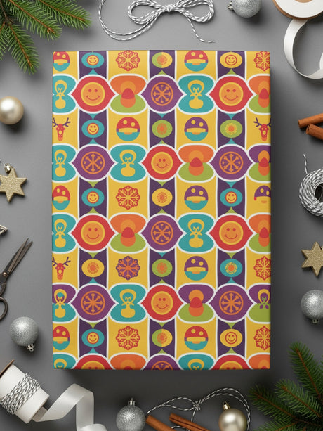Festive Smiling Robots and Ornaments Wrapping Paper