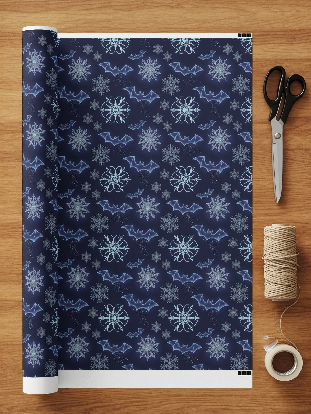 Blue Snowflake and Bat Design Wrapping Paper