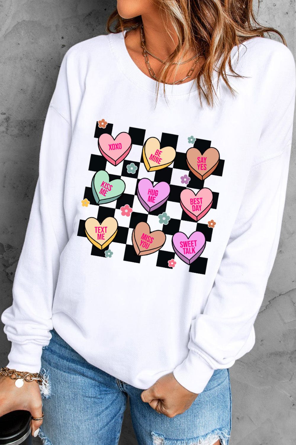 Valentine's Day Checkered Heart Long Sleeve Women's Sweatshirt