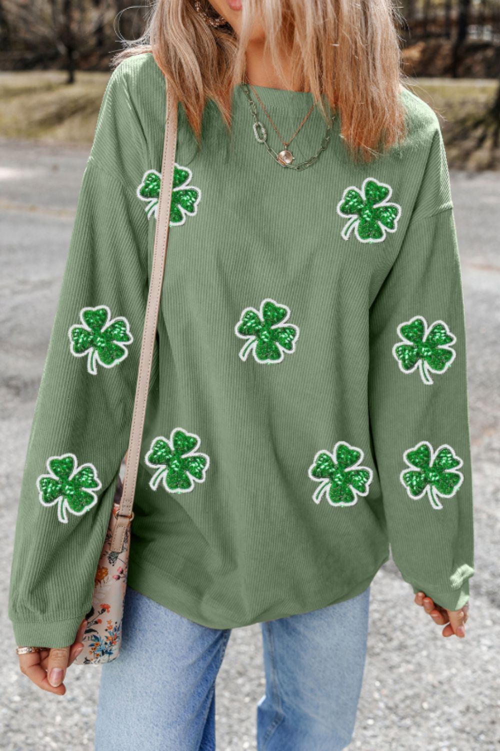 Sequin Lucky Clover Round Neck Long Sleeve Women's Sweatshirt