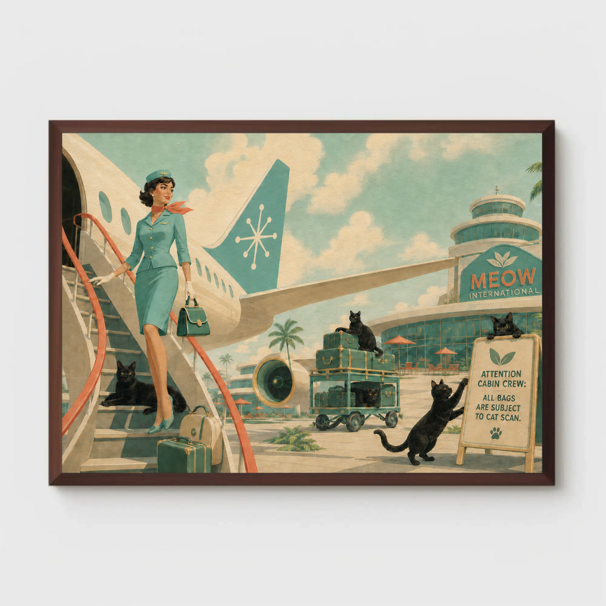 Retro flight attendant with cats and luggage at "Meow International" airport.
